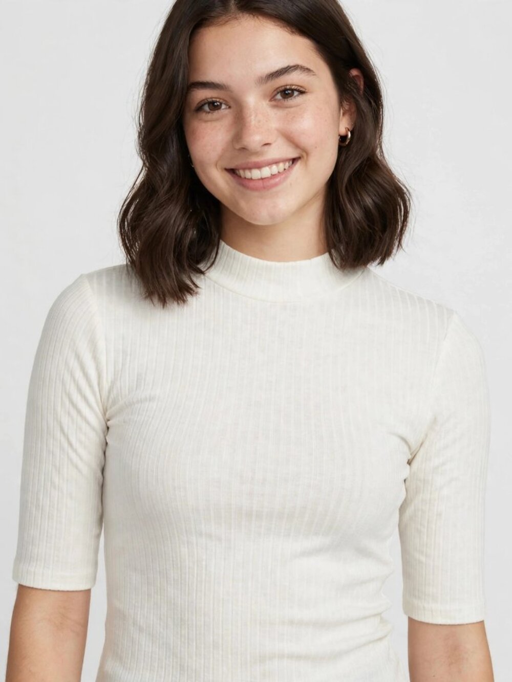 Heart & Hips Ivory White Ribbed Mock Neck Top 3/4 Sleeve Size S